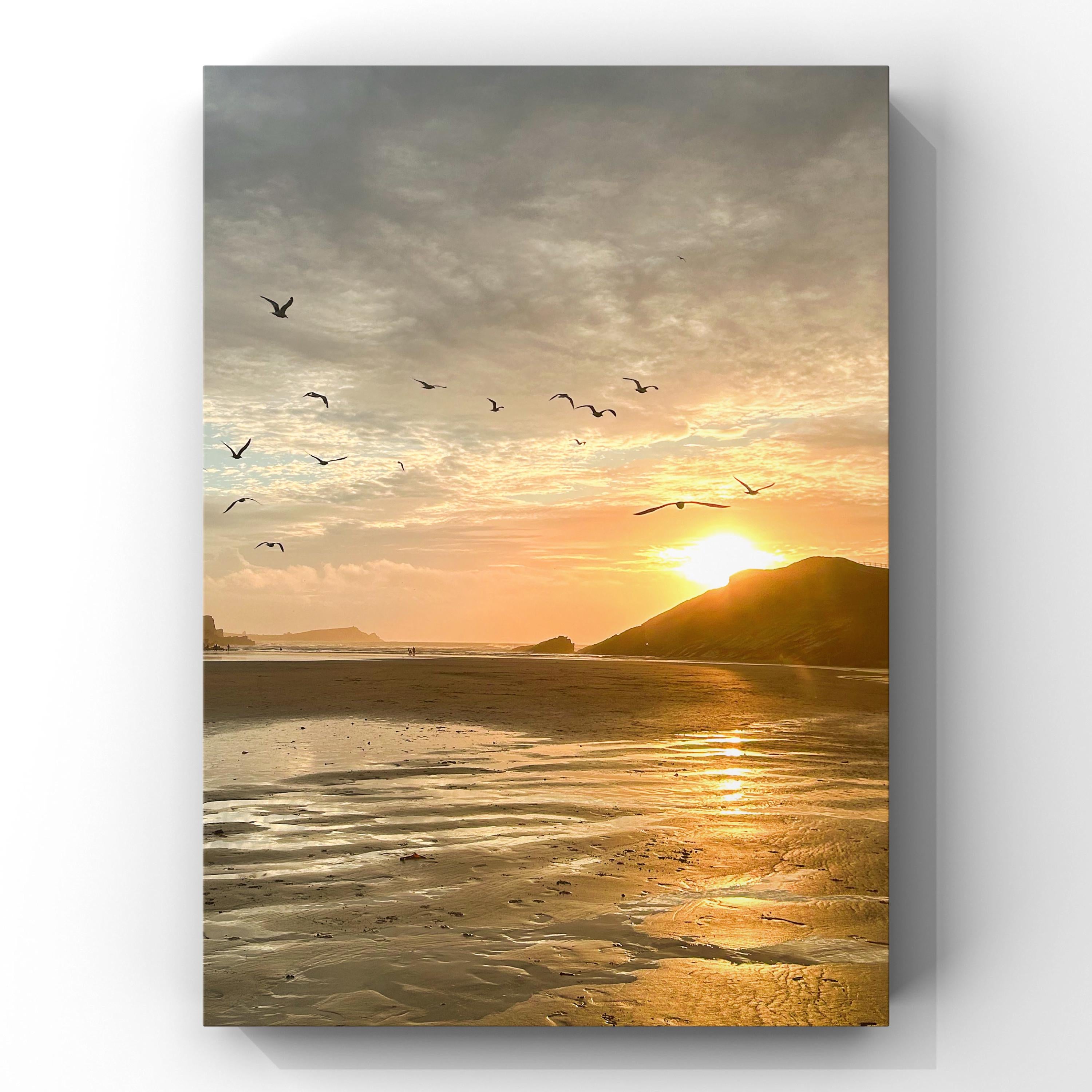 Sunset over a beach with birds flying, on a textured wall.