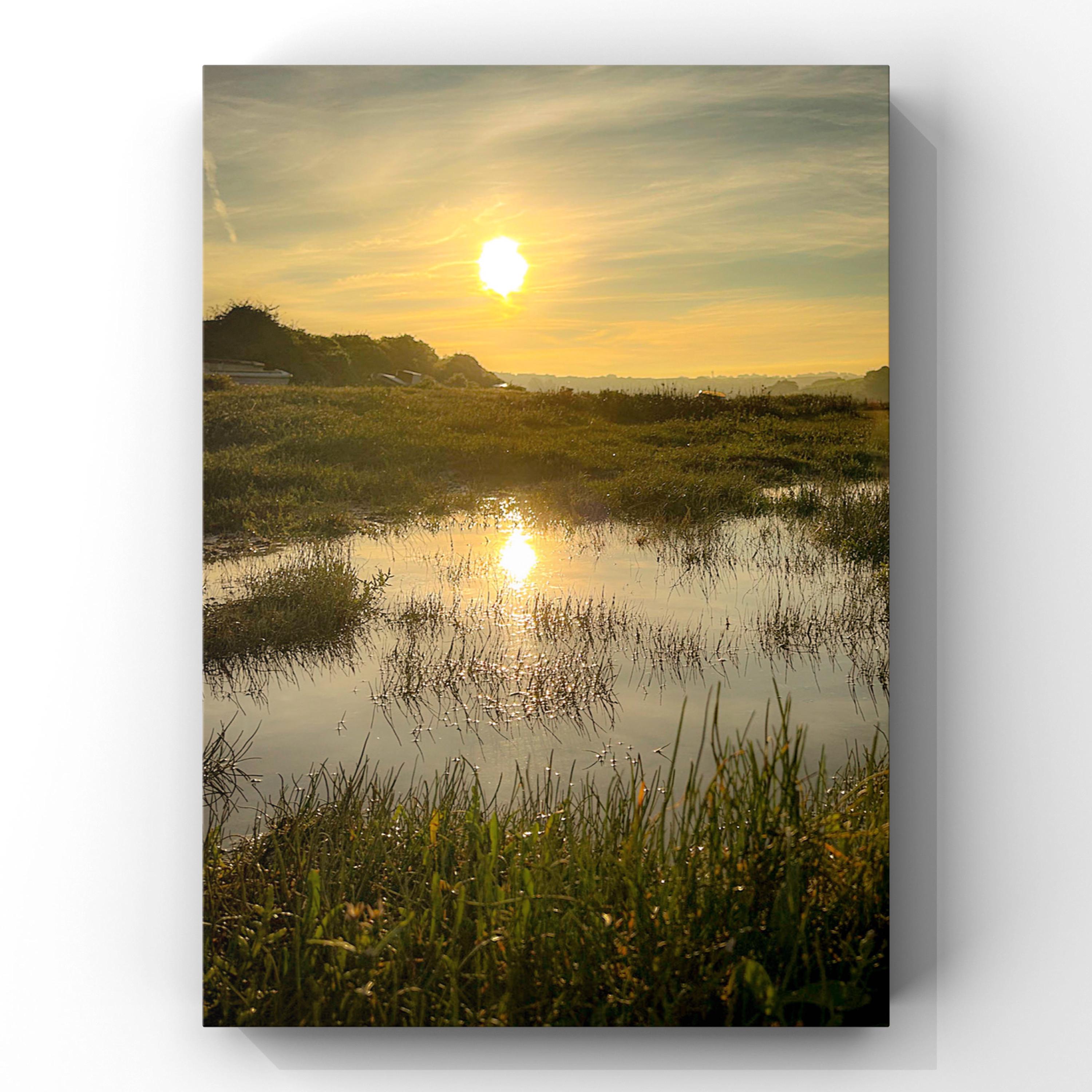 Sunrise over a marsh with water reflecting the orange sky