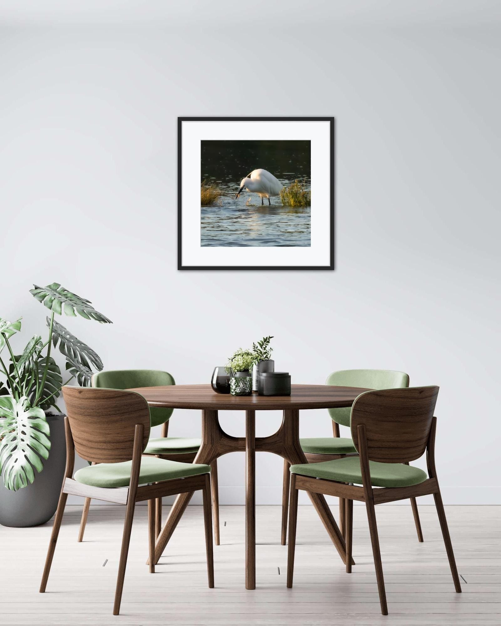 Dining room with wooden table and chairs, framed picture of a Little Egret white bird on the wall.