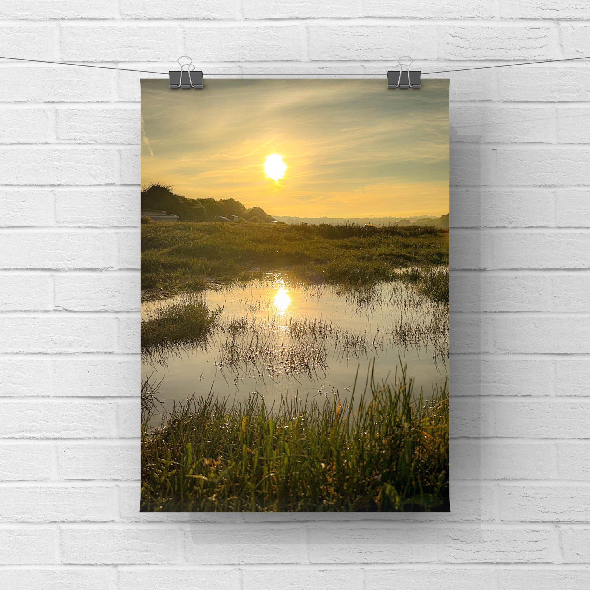 Poster of a sunrise over a marshy landscape hanging on a white brick wall.