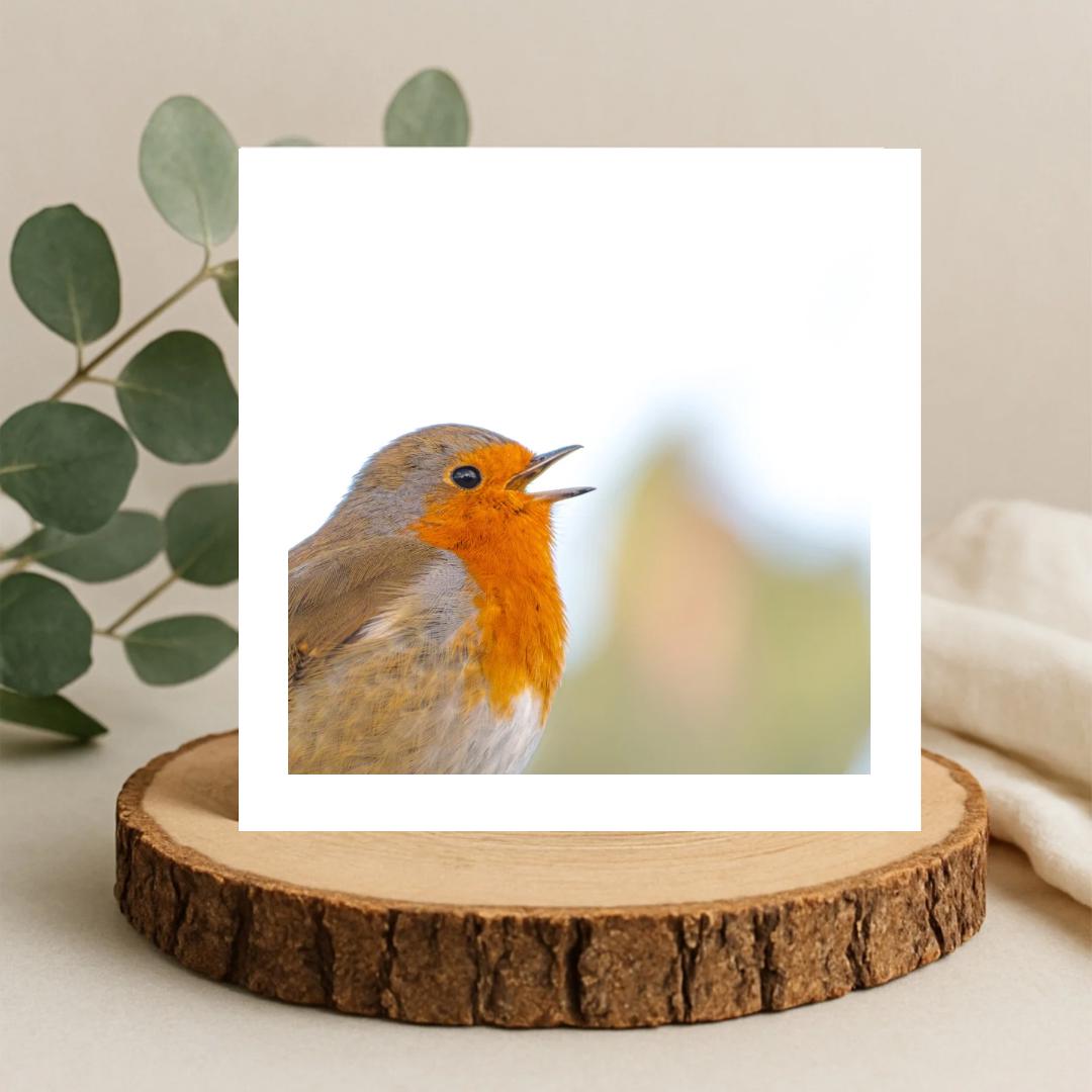 Singing Robin Bird greetings card on a wooden platform with leaves behind