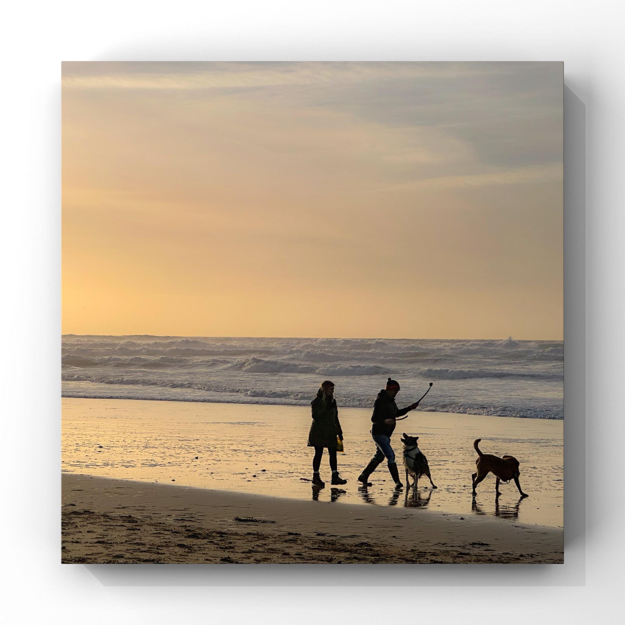 Two people walking dogs on a beach at sunset
