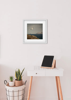 diving gannet seabird and lighthouse print in a white frame above a white desk with wooden legs 
