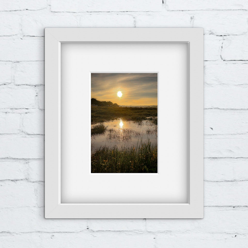 Framed photograph of a sunrise over a marshy field with a white brick wall background