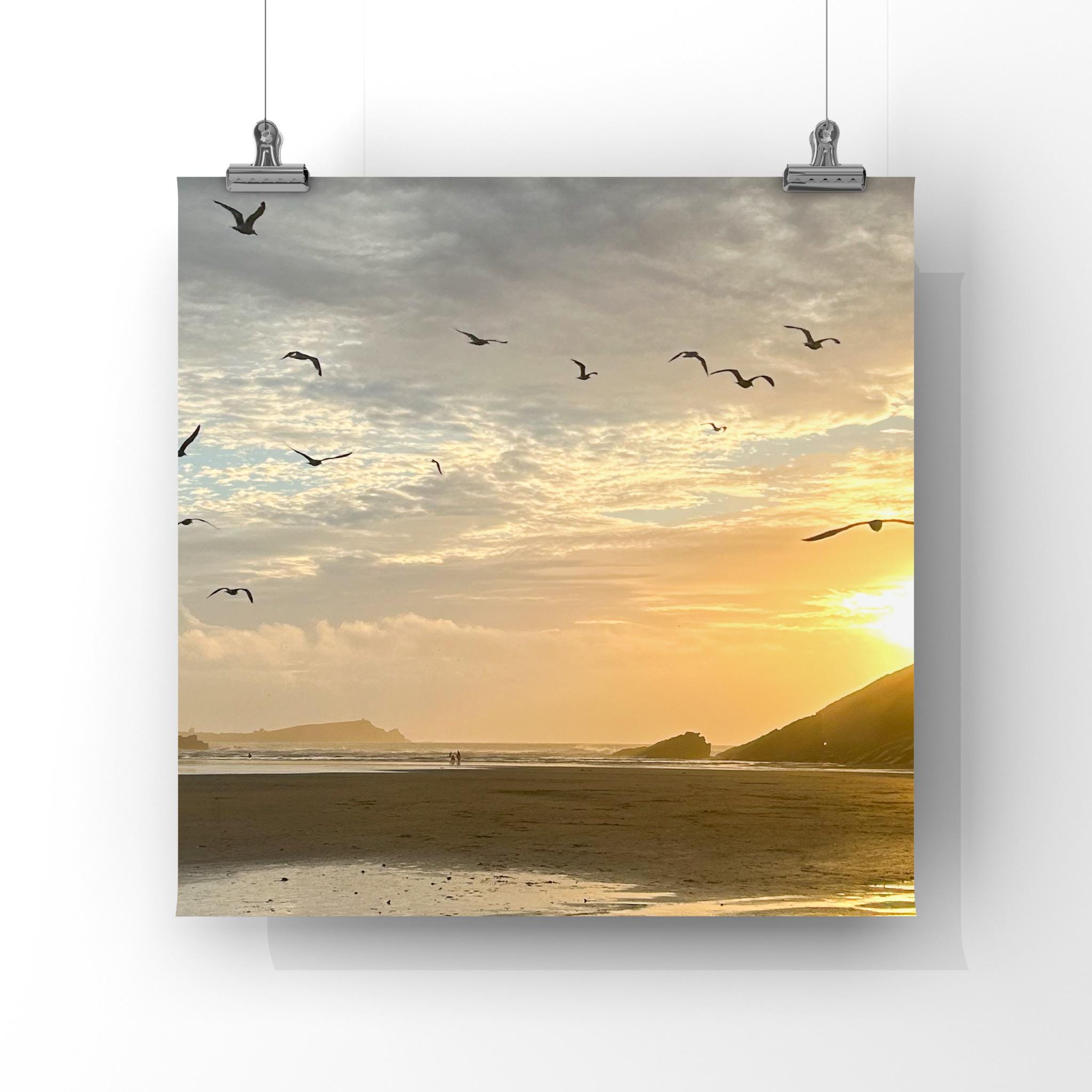 Beach scene with sunset and birds flying, framed by a white border.