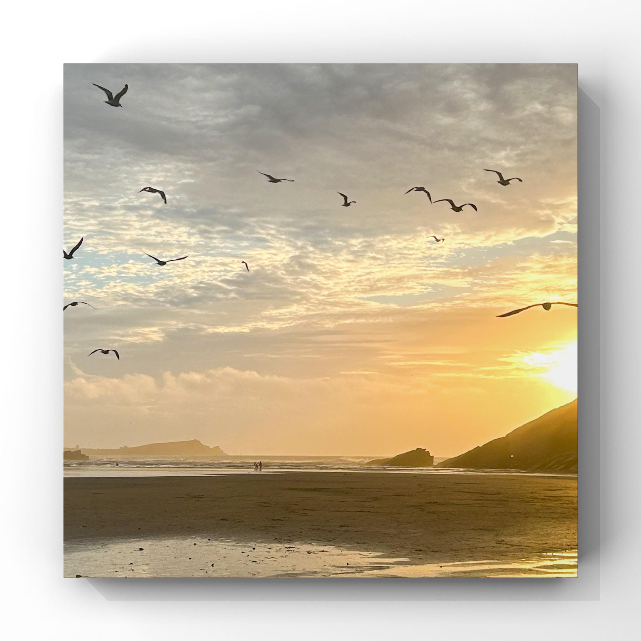Sunset over a beach with birds flying in the sky