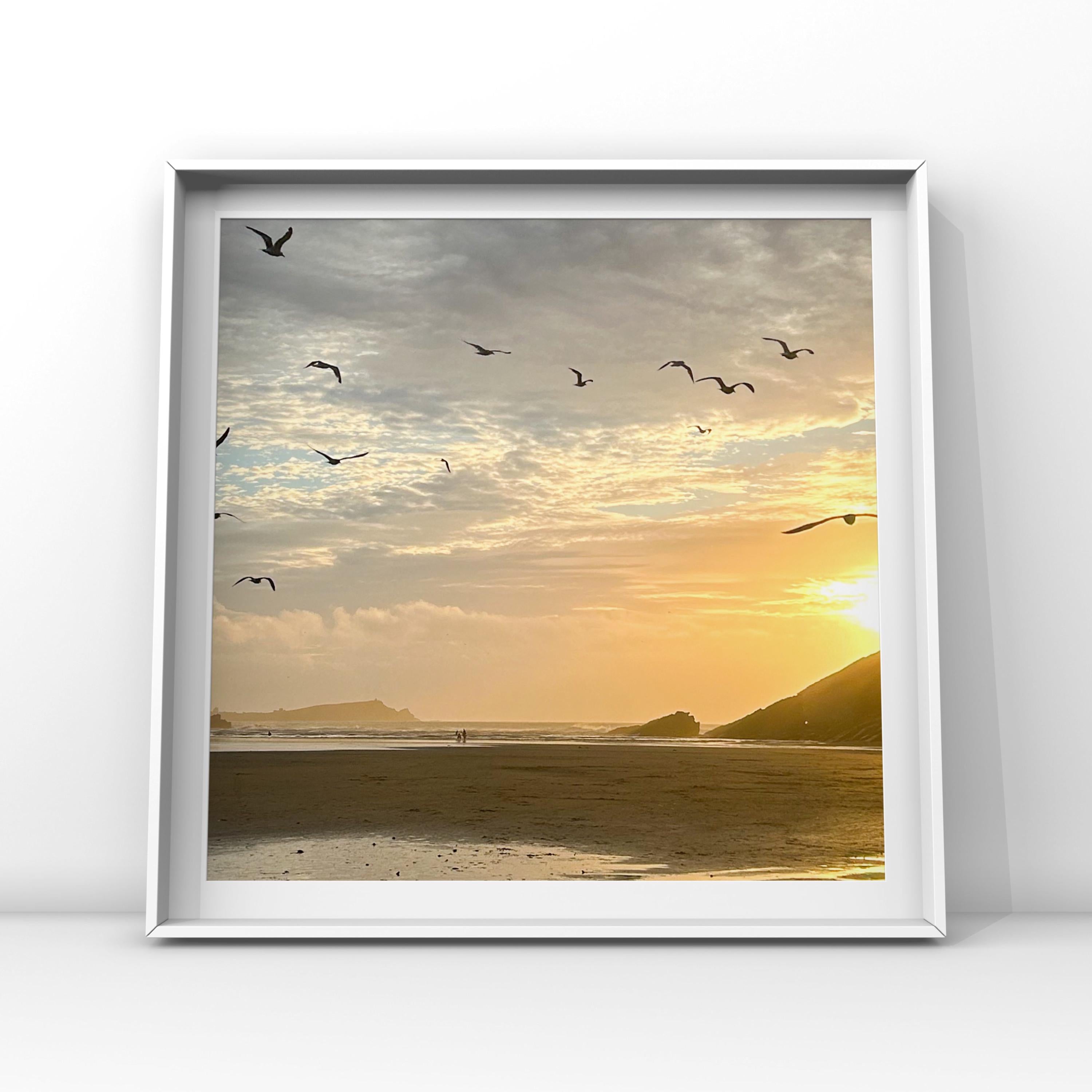 Framed artwork of a beach scene with sunset and birds, on a white wall.