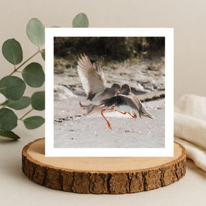 Two birds in flight over water on a greetings card. The card is on a wooden coaster with a natural background