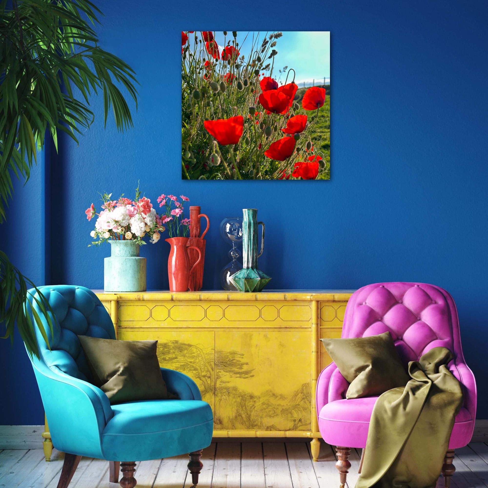 Colorful living room with blue armchair, pink chair, yellow cabinet, and square print with sunlit poppies and blue sky